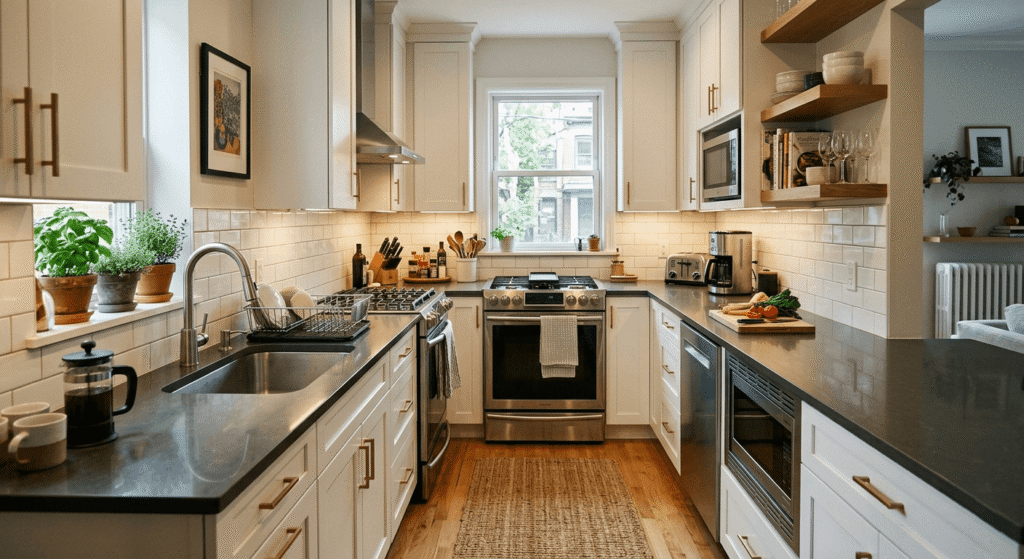 narrow u shaped kitchen