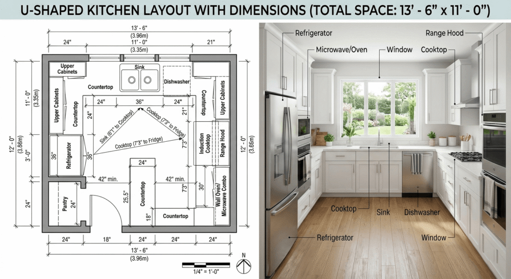u shaped kitchen layout with dimensions