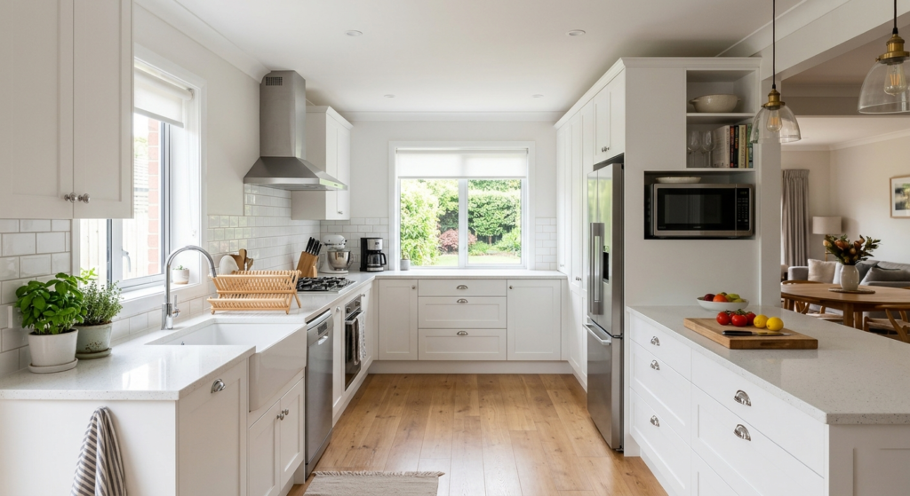 white u shaped kitchen