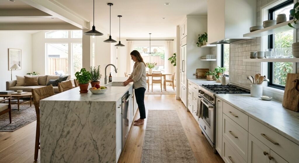 open concept galley kitchen layout